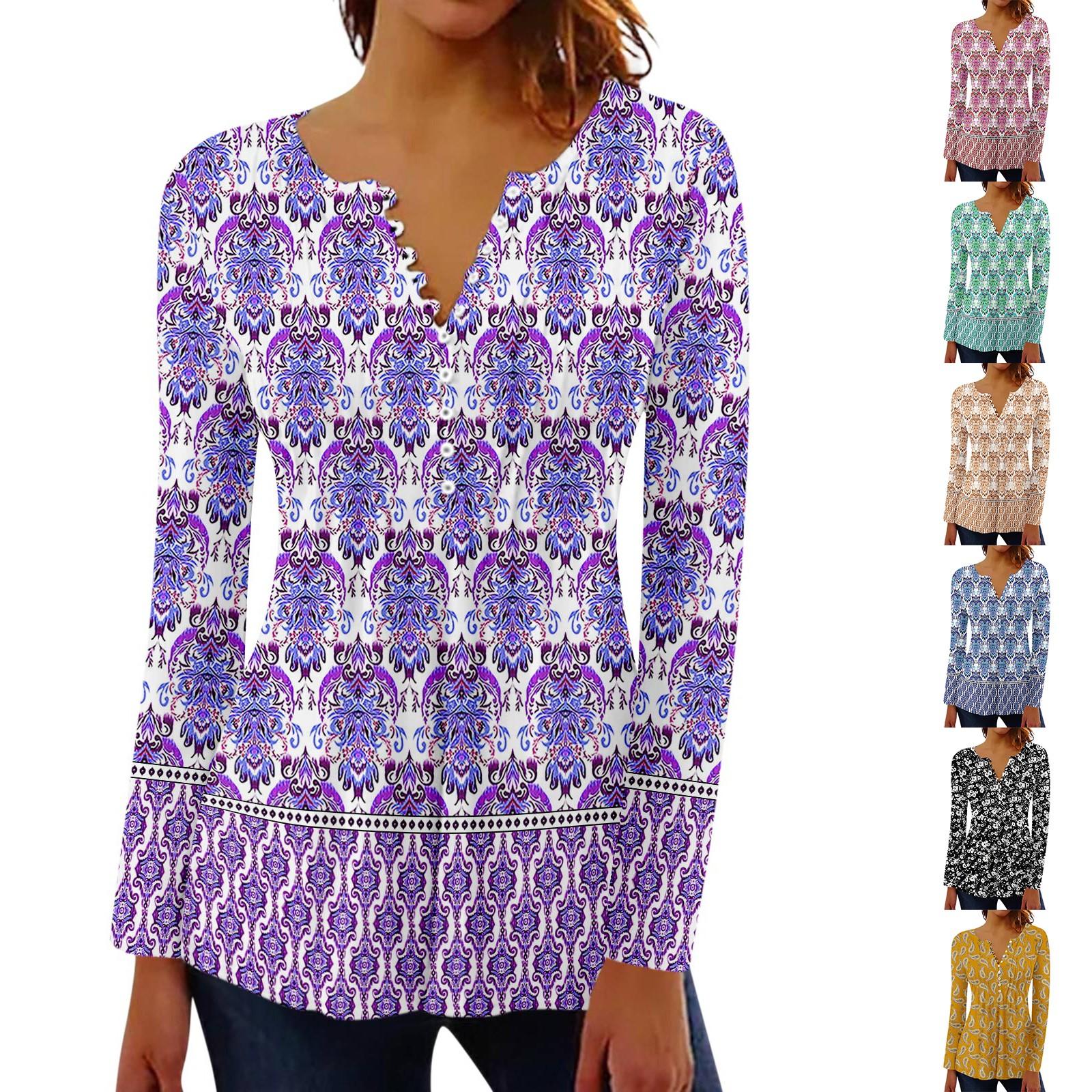 

Women s Pleated Button Retro Floral Print Top M