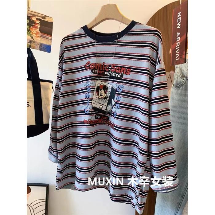 

Plus Size Cartoon Print Color Block Stripe Loose Long Sleeve T-shirt for Early Autumn 3XL (Recommended 185-210 jin) синий