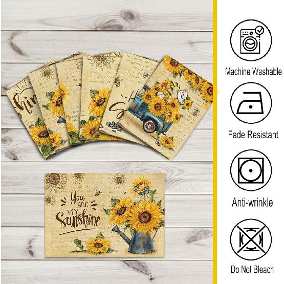 pinata Sunflower Linen Square Spring Placemats Set of 6, Sunflower Kitchen Decor, Vintage Spring Summer Sunshine Gnome Truck Table Mats for Farmhouse