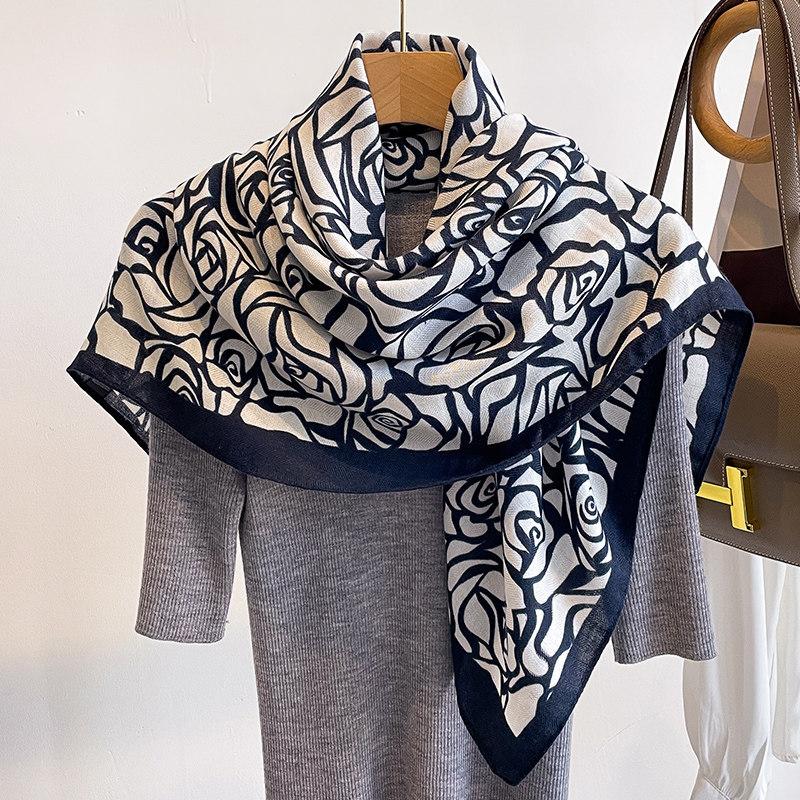 Niche style simple temperament versatile striped large square scarf silk scarf women's spring and autumn new scarf outer shawl 91CM