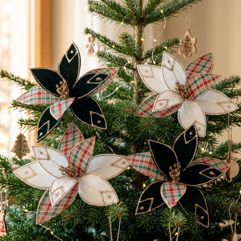 Handmade Velvet Poinsettia Pick Flocking Xmas Tree Flower Artificial Christmas Flower Photo Props
