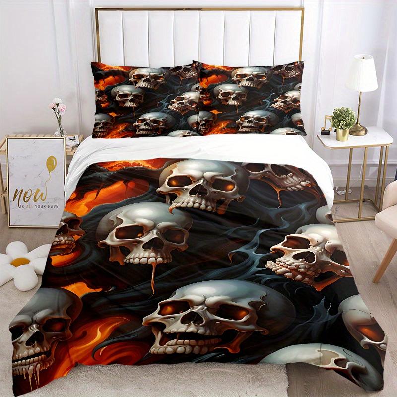 3pcs Skulls Flames Bedding Cover Set, Fashion Classic Popular Print Bedding Set, Soft Comfortable, All Season Use, For Bedroom, Guest Room (
