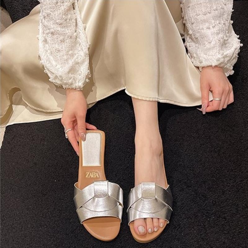 

Summer New Women S Pu Leather Slippers Cross Flat Sandals Woman Simple Versatile Wedges Shoes Women Designer Sandals 36