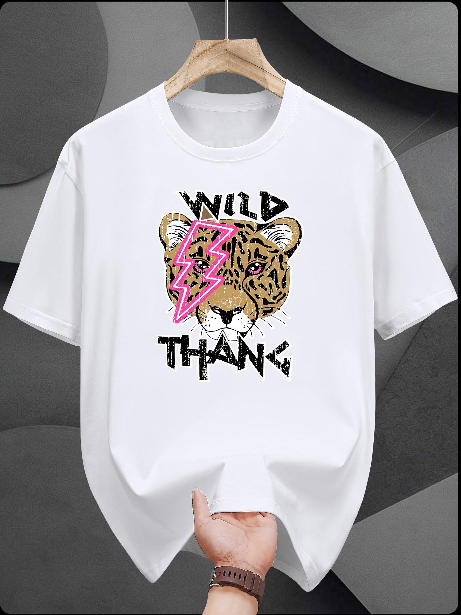 Casual Summer T-shirt - Print with Bold  WILD THANKS  Tiger Design XXL