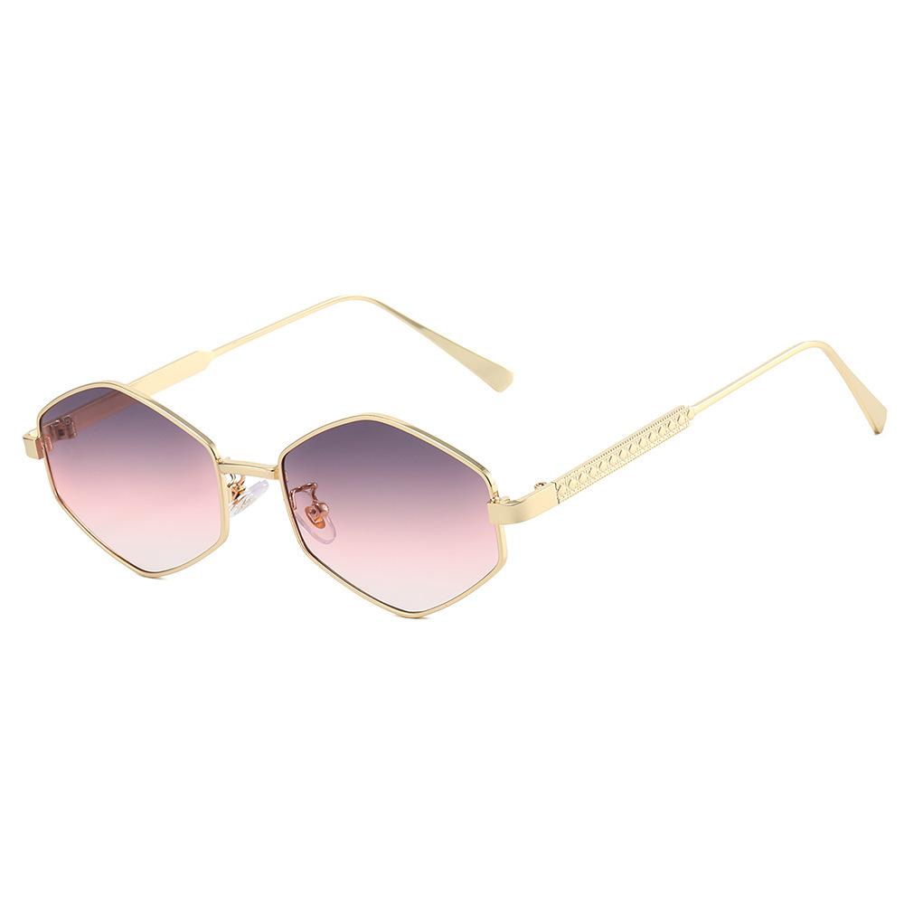 New polygonal metal sunglasses, European and American personalized water chestnut printing glasses legs PC fashion sunglasses