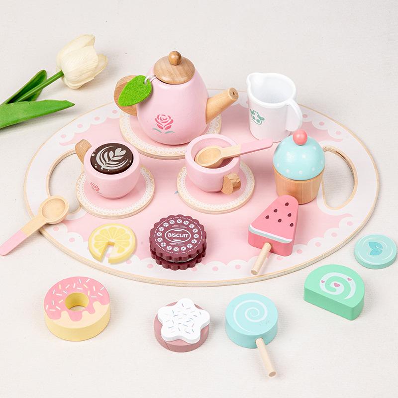 Wooden Afternoon Tea Play House Ice Cream Game, Children's Simulated Teapot Tea Set Interactive Kitchen Educational Toys