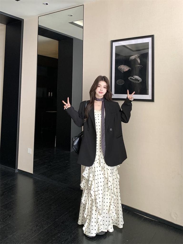 Elegant Plus Size Polka Dot Dress & Black Cardigan Set - Women's Spring/Summer Slimming Style