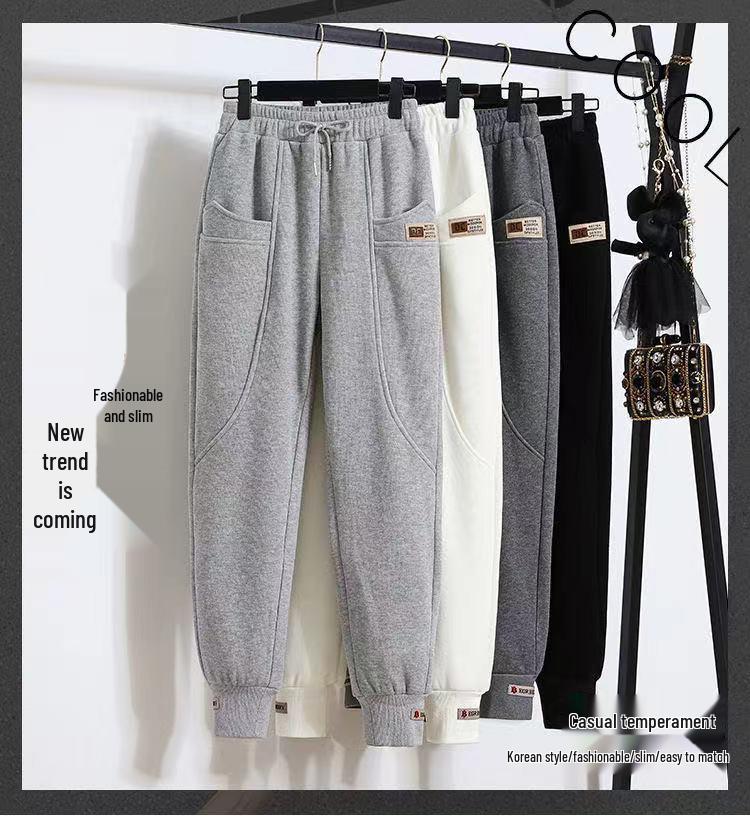 Women's Gray Fleece-Lined Sweatpants 2025: Loose, Versatile Autumn/Winter Joggers - Trendy Harem Style Casual Pants.