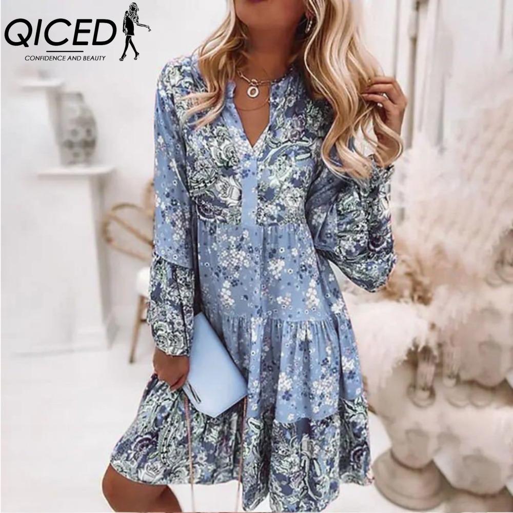 

QICED Женские модные мини-платья с бохо-цветочным принтом и V-образным вырезом, повседневные свободные элегантные женские пляжные вечерние платья с расклешенными рукавами XL синий