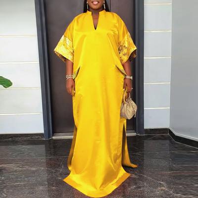 M-XXXXXL Women Stand V Neck Half Sleeve Printing Casual Loose Splits Kaftan Dress