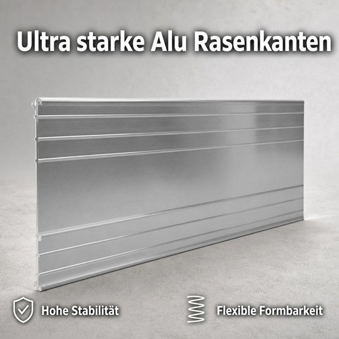 Bordure de gazon en aluminiumminium ultra renforcée 24 cm hauteur, 5 pièces de 1 m, épaisseur 3 mm