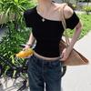 Korean Gray Slanted Shoulder Short-sleeved T-shirt Women's Summer New Pure Desire Style Spice Girl Slim Short T-shirt Off-shoulder Top Tide