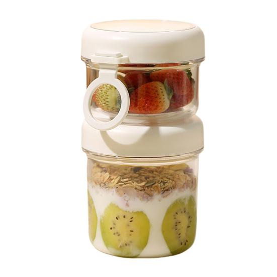 Tragbares Overnight Oats Glas mit integriertem Löffel & Deckel, Auslaufsichere Kunststoff-Frühstückstasse für Salat, Joghurt, Obst, BPA-freier transparenter Behälter