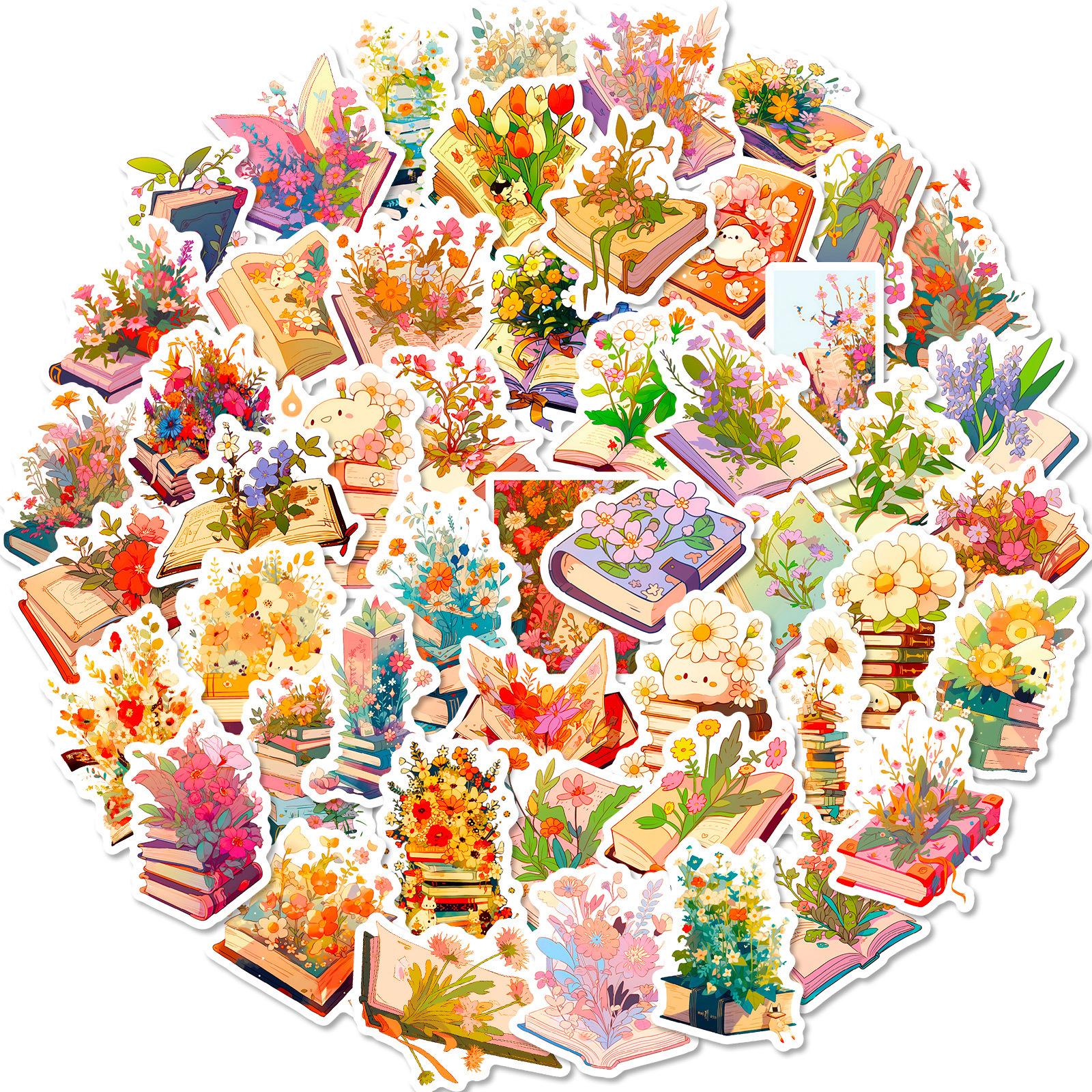 

50 Retro Aesthetic Books, Flowers Mix And Match, Retro Stickers, Stickers, Literary And Fresh Patterns
