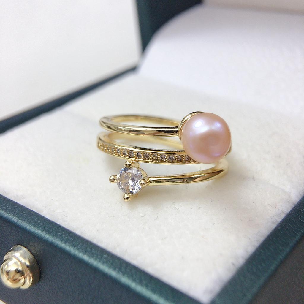 Natural Freshwater Pearl Loop Ring, Pearl Fashion Multi-layer Zircon Minimalist Gift Ring