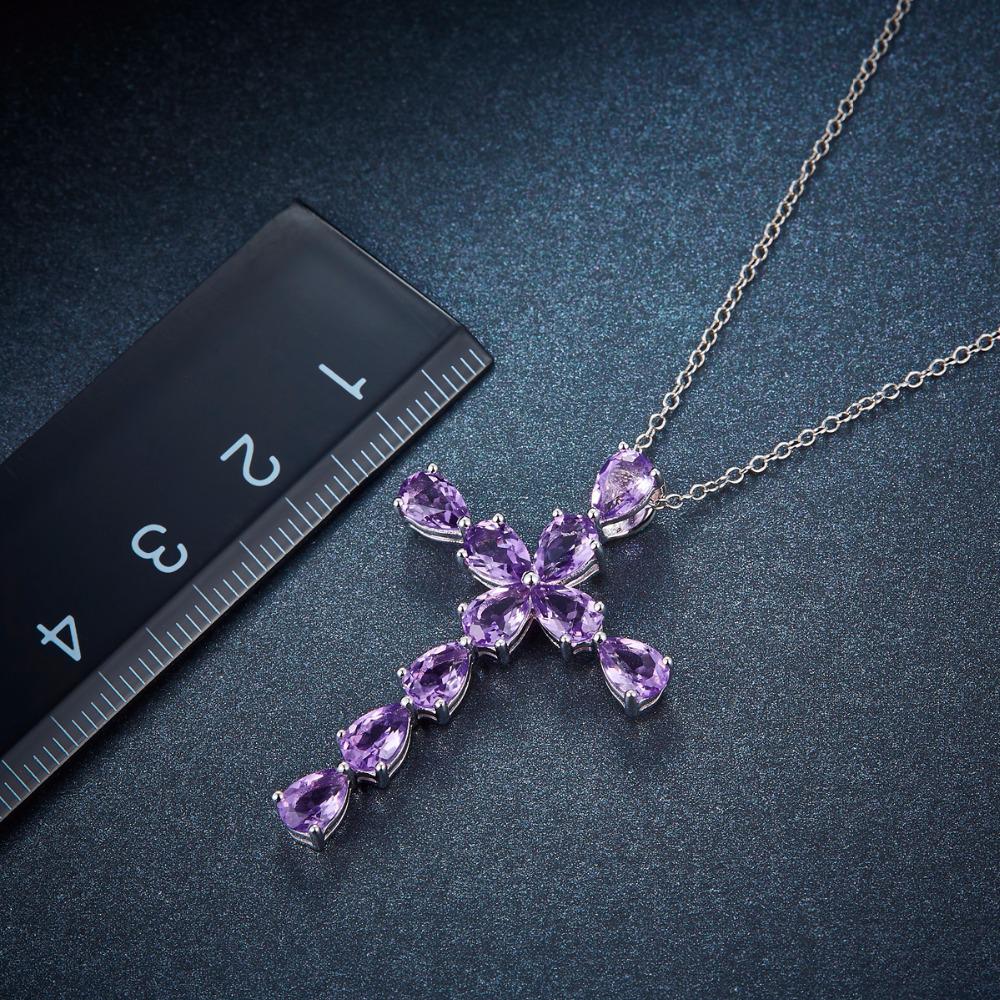 Amethyst Natural Gemstone Cross Pendant Necklace In 925 Silver Plated