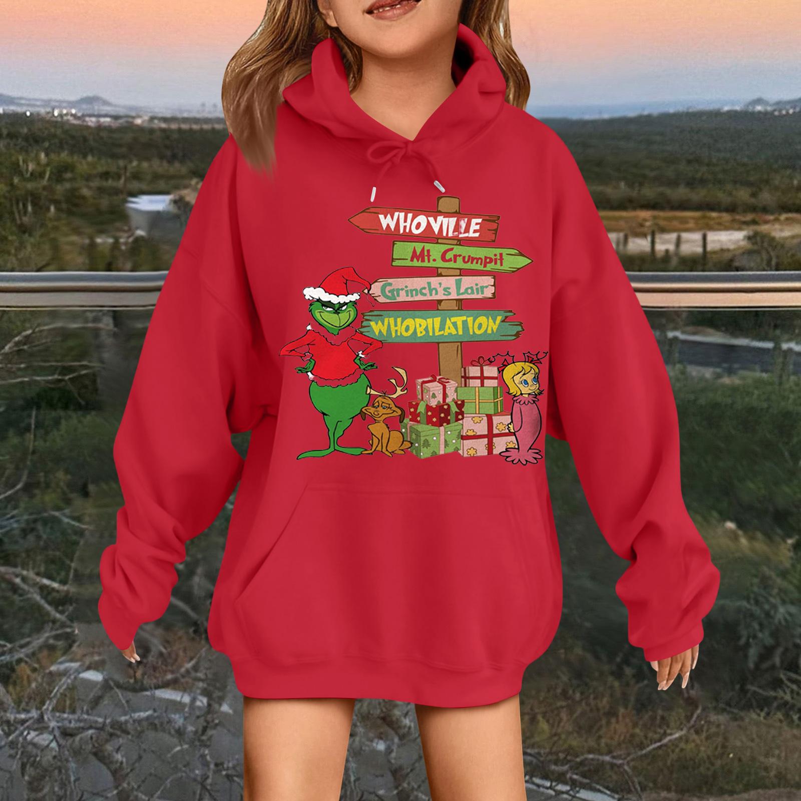 

Children s Fashionable Casual Long-sleeved Loose Christmas Print Pullover Hooded Sweatshirt 120 красный