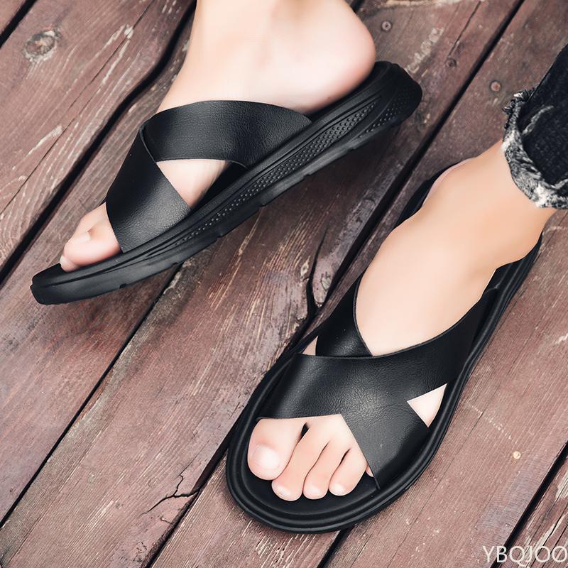Italian Leather Slippers For Men 2025 New Hotel Beach Summer Shoes High Quality Big Size 47 Slip On Light Flats Male Flip Flops