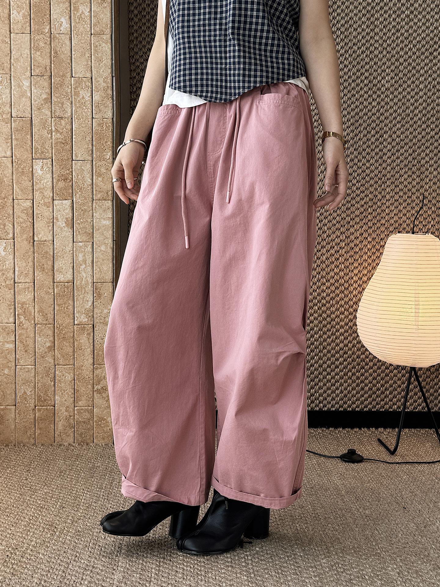 

Louvre Spring Japanese Retro Workwear Elastic Waist Drawstring Cropped Cotton Pants with Pockets for Women One Size рожевий
