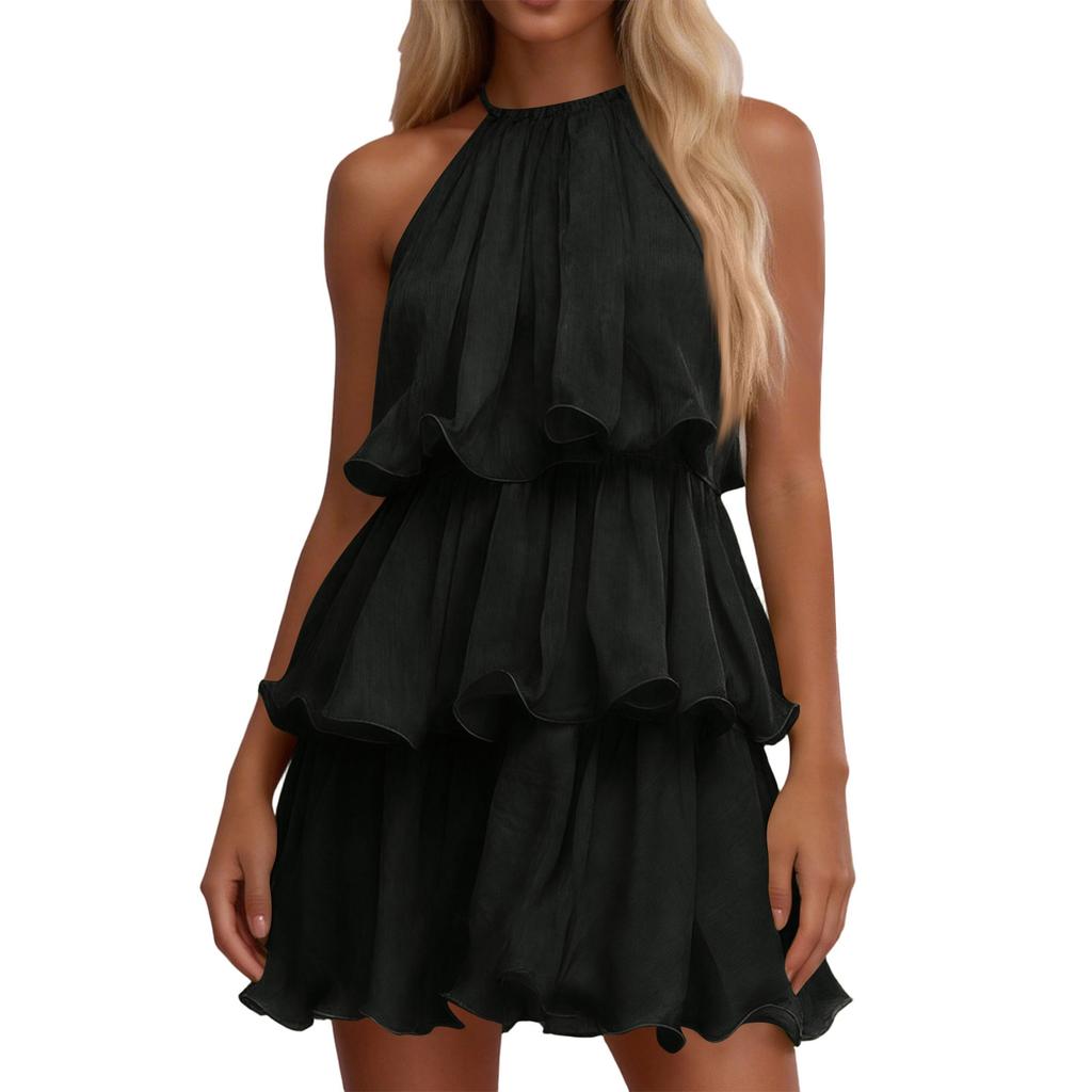 Women's Fashionable Casual Neck Sleeveless Ruffle Dress