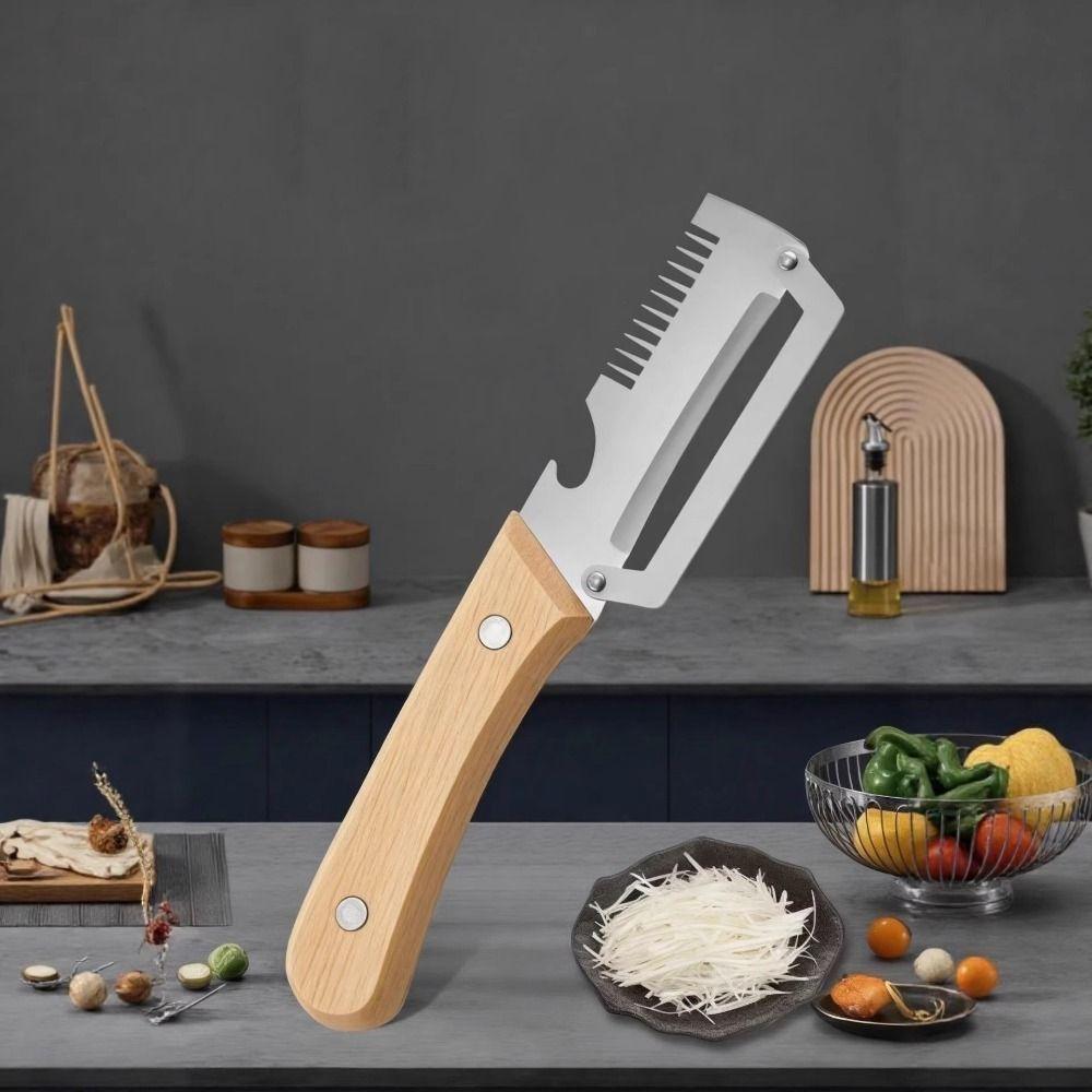 Wooden Handle 3-in-1 Fruit Potato Peeler Stainless Steel Fruit Peeler Scallion Shredder Slicing