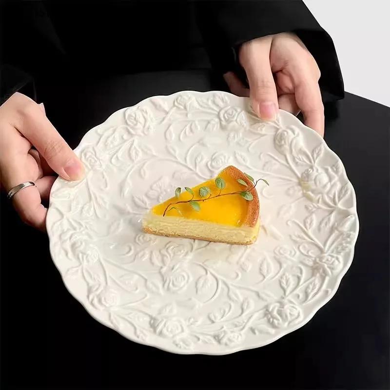 Relief Rose Ceramic Plate Dessert Dish Retro Vegetable Salad Plate Cake Plate Dim Sum Plates Afternoon Tea Ceramic Tableware