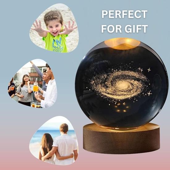3D Galaxy Crystal Ball  Engraved Night Light USB Power LED Wooden Base Crystal for Home Decoration  Girls(Warm White) (Galaxy)
