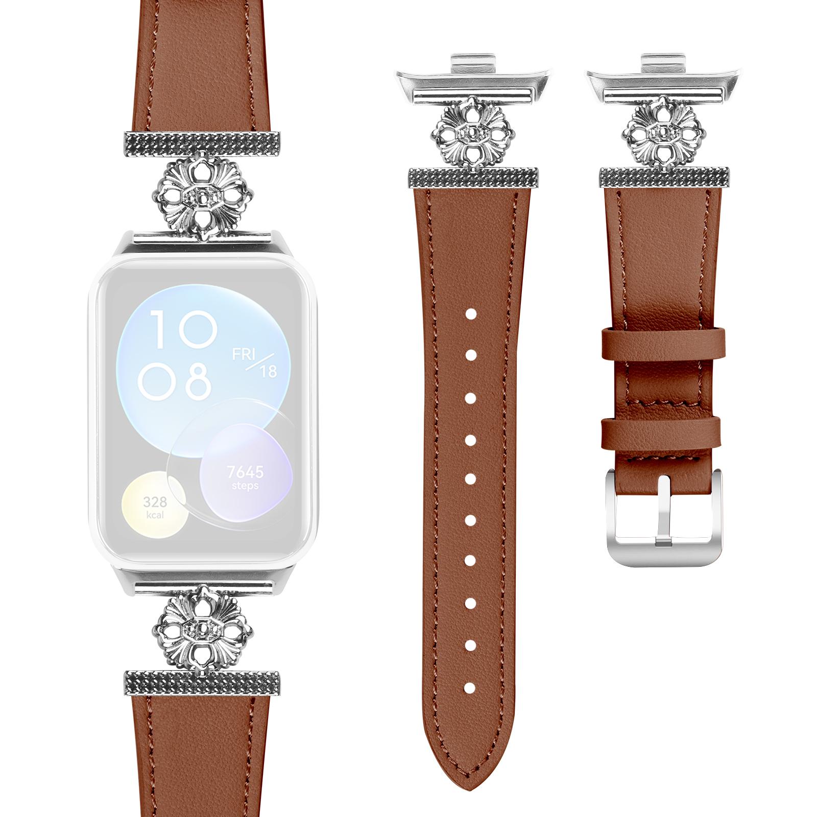 

For Xiaomi Redmi Watch 4 Watch Band Genuine Cow Leather Flower Decor Adjustable Strap Brown