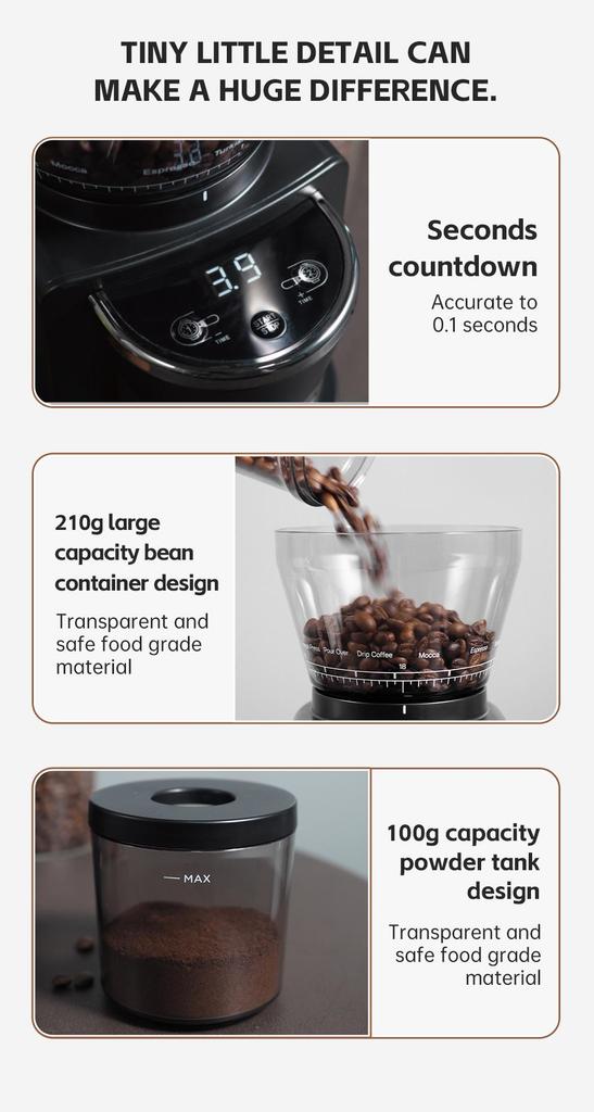 HiBREW G3 Electric Coffee Grinder, 34-Gear Scale, 210g Bean Container, 100g Powder Tank, 48mm Conical Burr, Anti-Static Function, Manual/Auto Mode