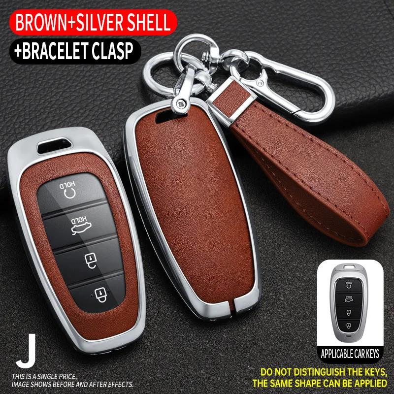 Zinc Alloy + Leather Car Key Case Cover for Hyundai Solaris Sonata Hybrid NEXO NX4 New Grand Santa Fe Tucson 2020 2021 2022 2023