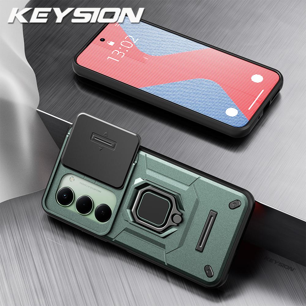 KEYSION Shockproof Armor Case for Redmi 15 169.5mm 171mm Slide Camera Lens Protection Metal Ring Stand Phone Cover for Redmi 5G