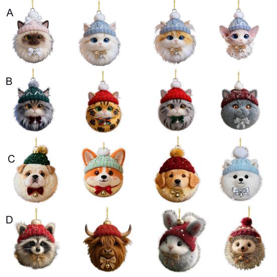 Plush Pet Shaped Ornament 2D Acrylic Cat Dog Rabbit Christmas Tree Ornament Cozy Winter Animal Charm for Car Rearview Mirrow Window Decor