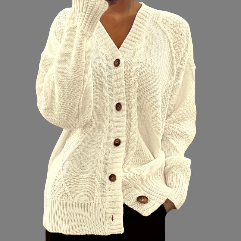 Women's Solid Color V-Neck Long Sleeve Knit Cardigan Jacquard Sweater for Autumn and Winter