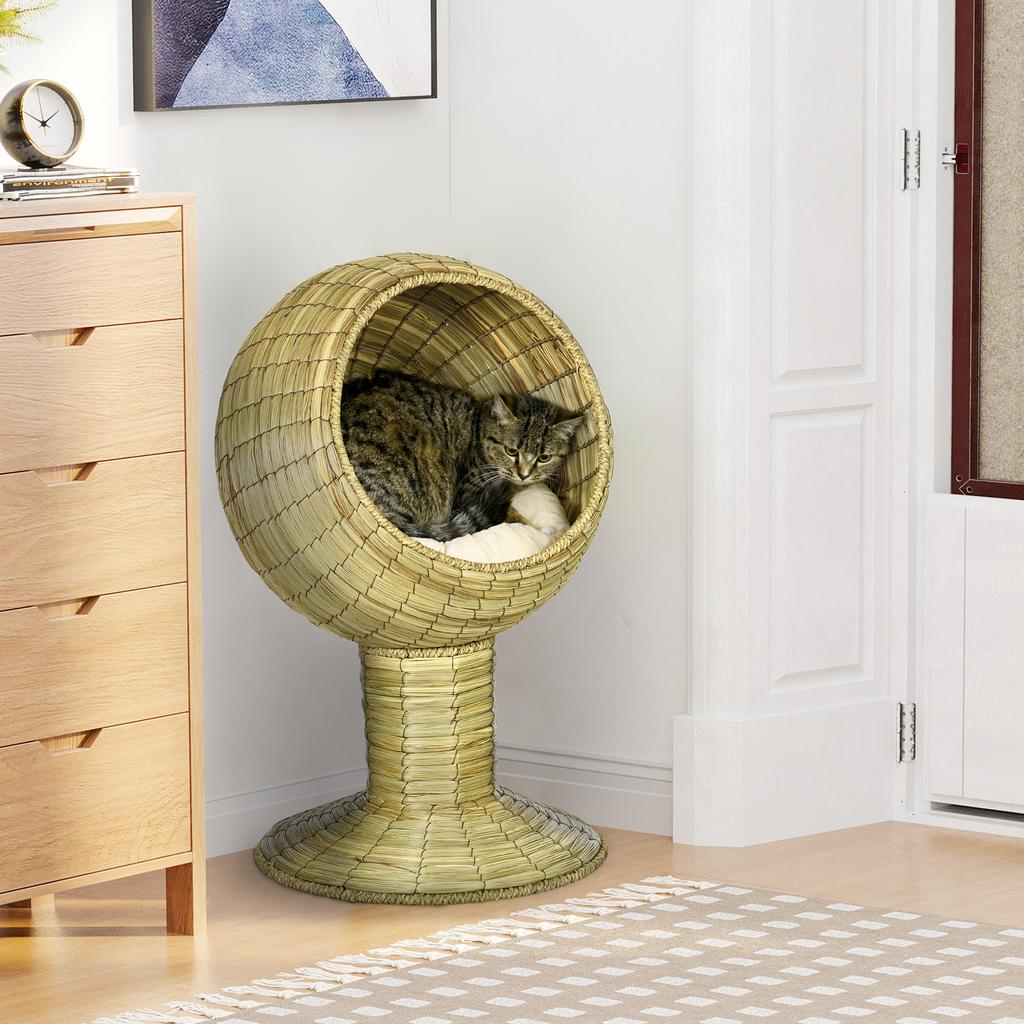 Raised Detachable Cat house, Natural Mat Grass Cat Bed, with Cushion