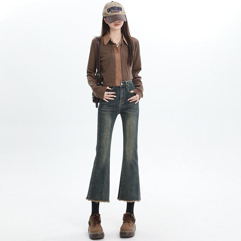 Retro blue denim micro-pull pants women's winter new versatile characteristic rough edge pants flared pants