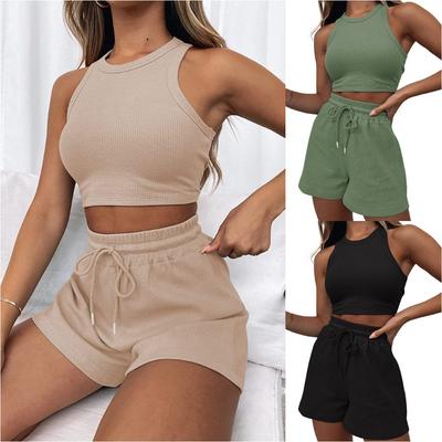 2024 Summer New Sleeveless Waffle Elegant Women's Sets Solid Color Sexy Waist Vest Casual Tethered Shorts Female's Two-Piece Set