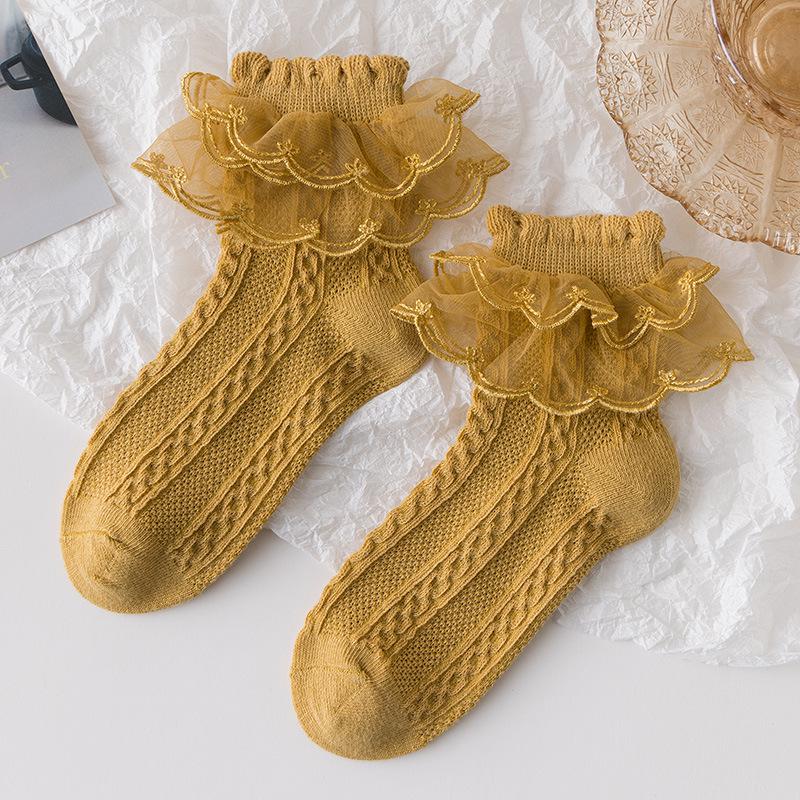 Lolita Lace Cotton Princess Socks for Girls - Black Dance Socks for Spring, Autumn, Winter