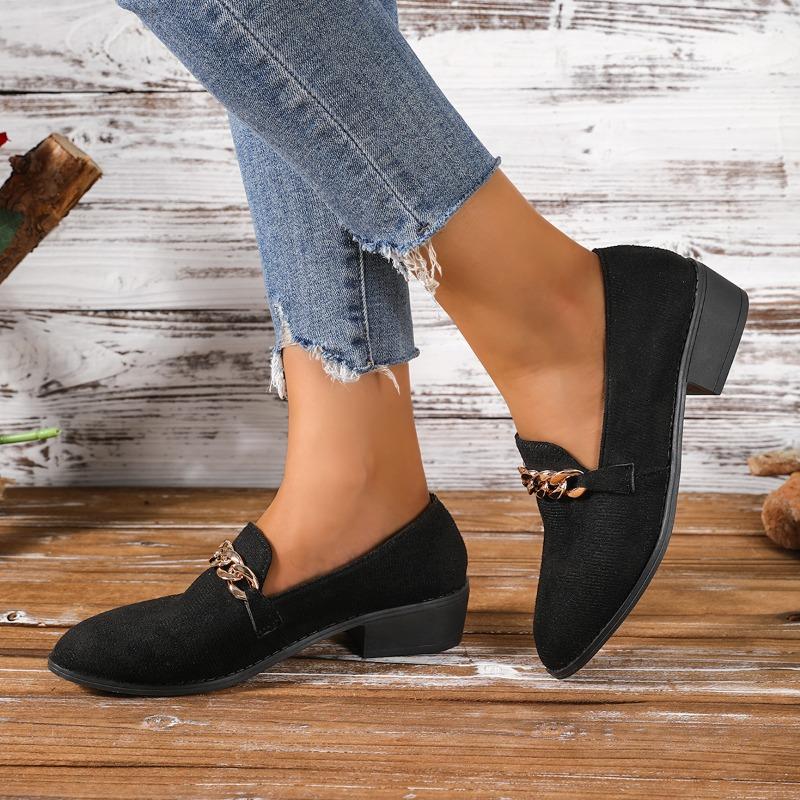 Fashion Women's Coarse Heel Shoes Autumn New Pointed Head Shallow Mouth Metal Chain Anti-slip Wear-resistant Low-top Shoes
