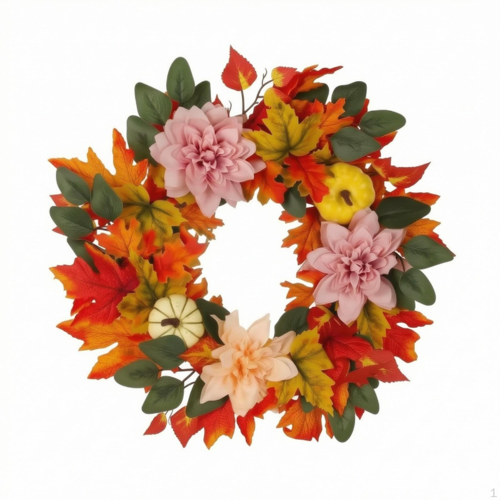 artificial Fall Wreath with Pumpkins Seasonal Maple Leaf Richly Colored for Front Doors,