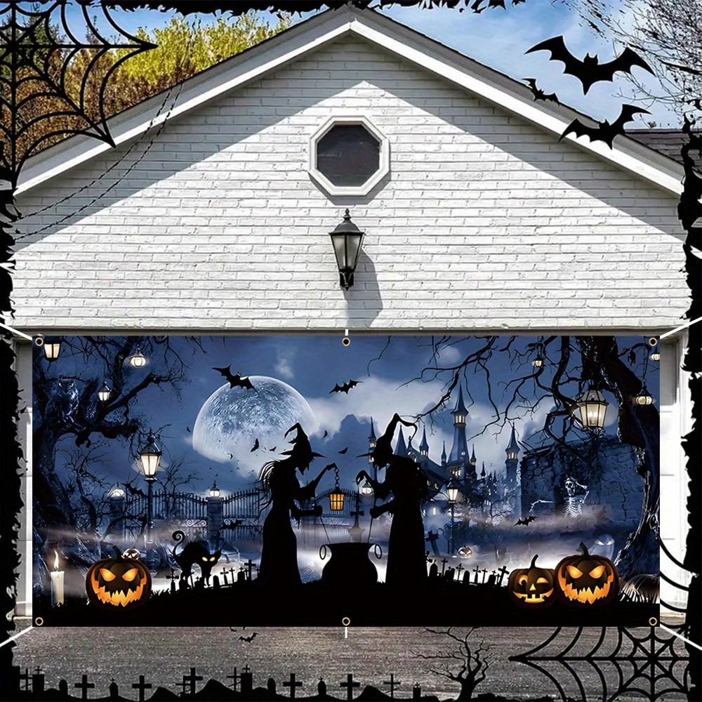 One large Halloween garage door banner made of durable polyester material featuring a ghostly witchzyc
