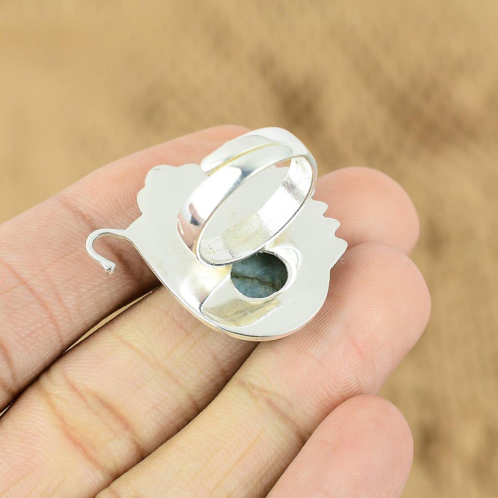 Natural Larimar Gemstone 925 Silver Promise Flower Adjustable Ring For Girls
