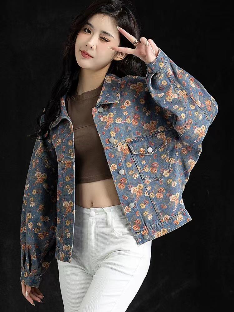 Giacca di jeans stampata da donna Primavera 2025 - Top corto Petite per la moda primaverile e autunnale
