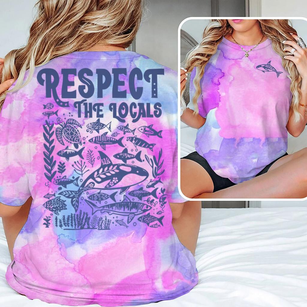 Ocean Animal Vintage Print T Shirt "Respect The Locals" Ocean Beach Series T-Shirts Unisex Unisex Short Sleeve Summer Vibes Tshirts