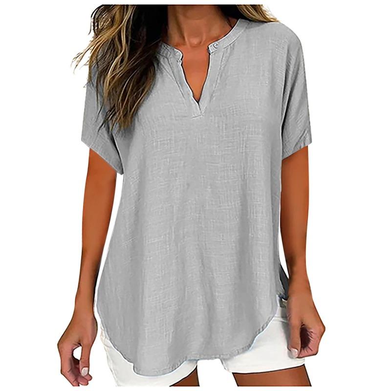 JPNTKY Women's Fashion Casual Solid Color Print V-Neck Short Sleeve Blouses & Shirts