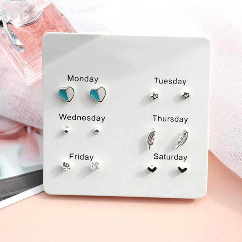 6Prs/Set Stylish Women Heart Feather Snowflake Circle Ear Stud Earrings Jewelry Jewelry Gift