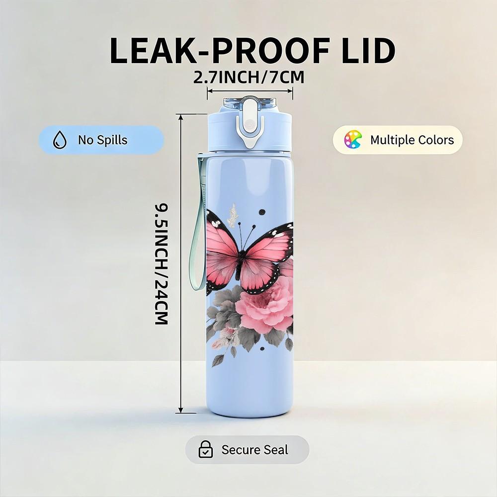 1PC Pink Butterfly Flower Art Print 750ml Color Plastic Sports Water Bottle Leakproof Flip Straw Lid Suitable for Sports Office Home Use