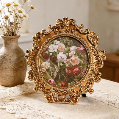 Picture Frame Tabletop Display, Embossed ,European Decor Circle Vintage Design Rustic Decorative