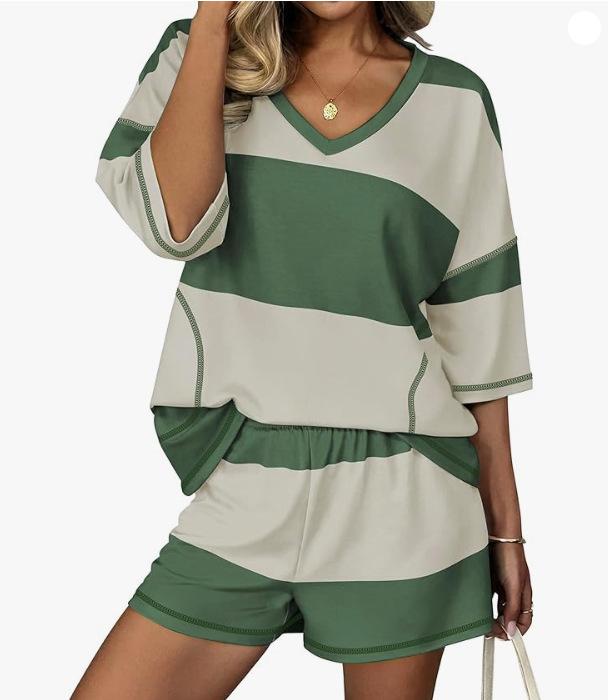 Spring/Summer Women's Striped Short-Sleeve Top & Casual Shorts Two-Piece Sportswear Set