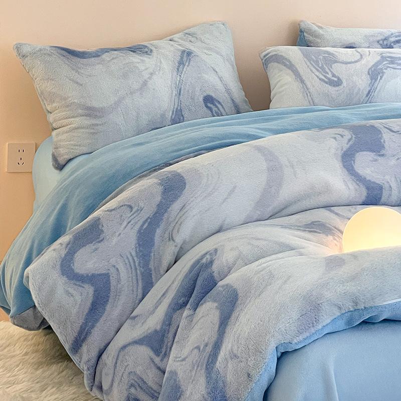 Rabbit Fleece Four-Piece Set, Thickened Milk Fleece Quilt Cover, Coral Fleece Bed Sheet Quilt Cover, Fleece Bedding