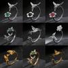 Hummingbird & Flower Open Ring Collection, Gold/Silver Tone Adjustable Gemstone Bird Rings for Women